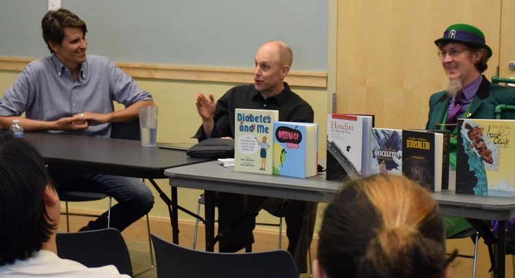 Nick Bertozzi (left) and Jim Ottaviani (center) discuss the highs and lows of biographical comics with host Matt Wood (right), 2015.